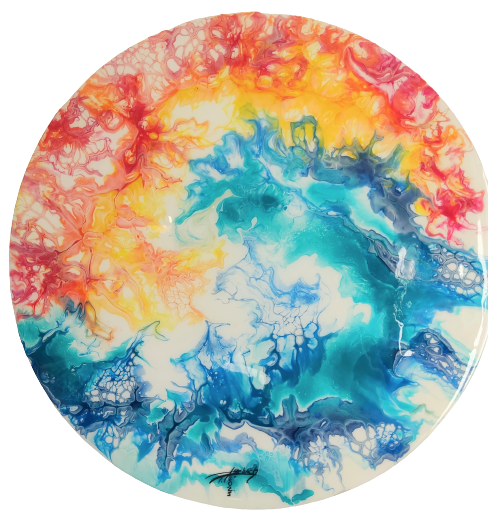 „Feuer und Wasser: Ein Meisterwerk der Harmonie“  HOCHGLANZ mit Resin veredelt, Ø 50cm Durchmesser